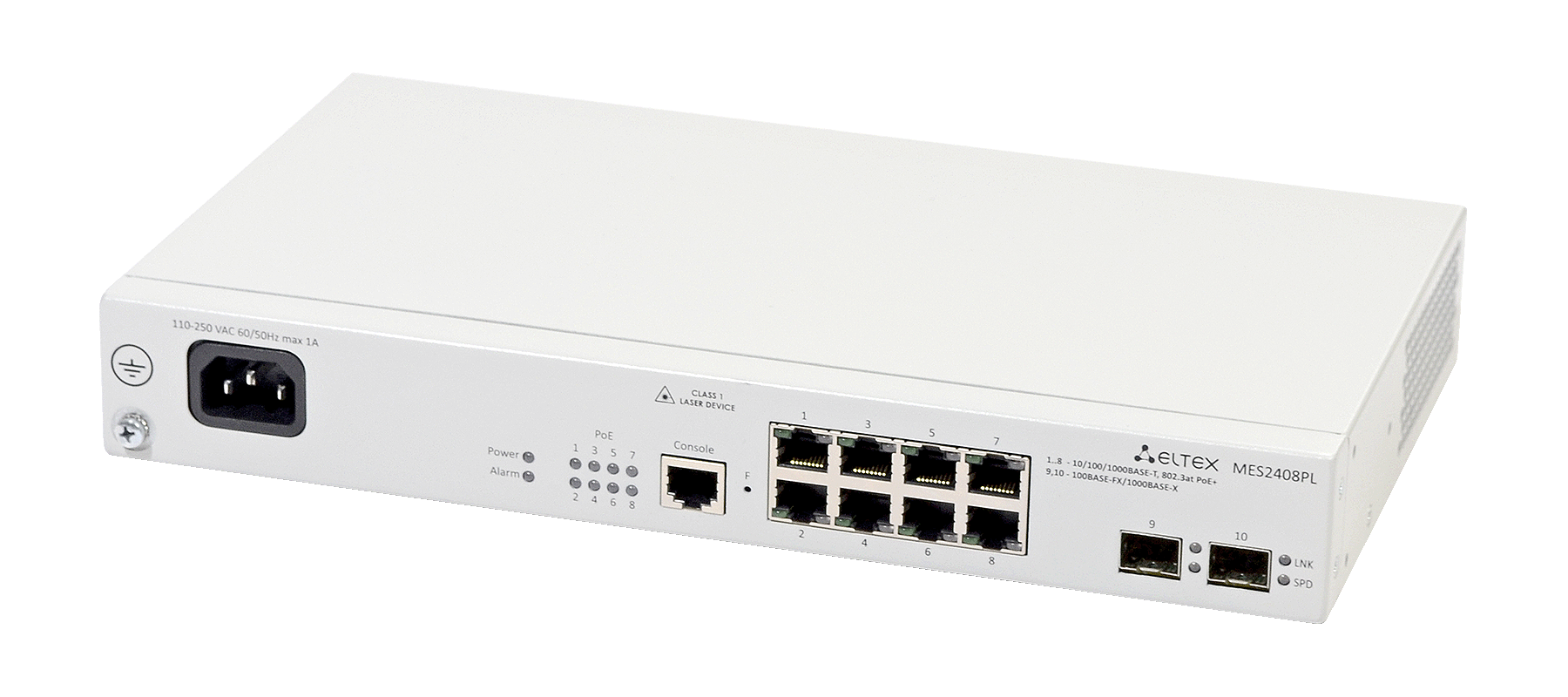 Ethernet-коммутатор MES2408PL, 8xPoE/PoE+ (1G) + 2xCombo (RJ45/SFP), L2, 220V AC